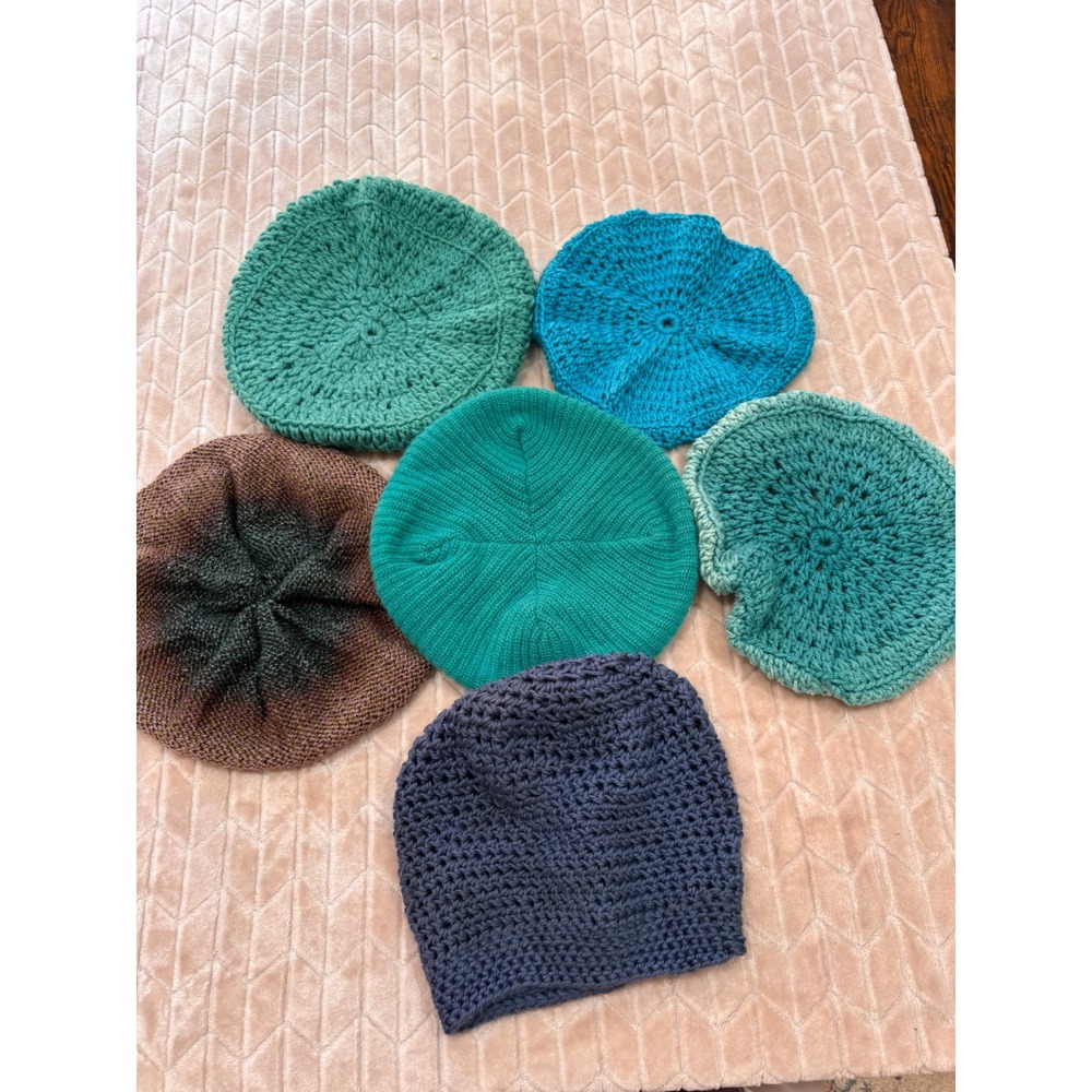 Crochet Knit Beret Beanie Lot Mermaid Blue Colors Boho Winter Hat Bundle